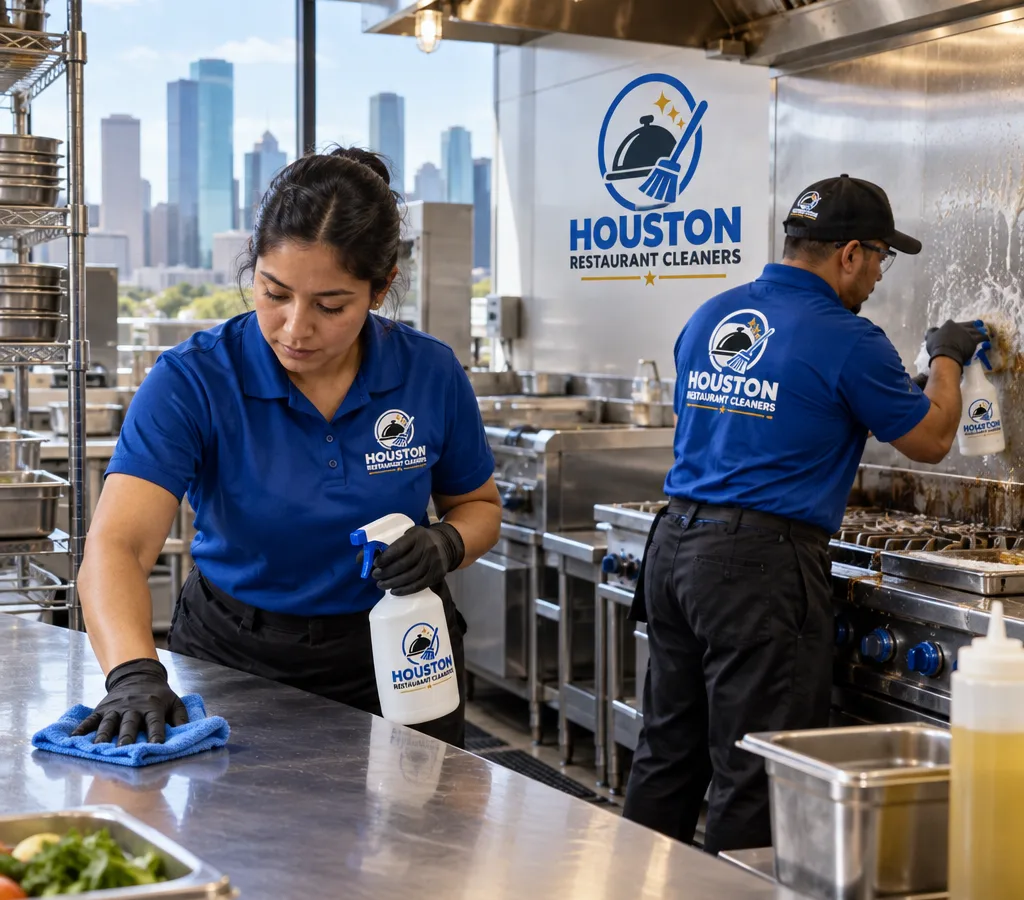 Technicians cleaning a commercial restaurant kitchen in Houston