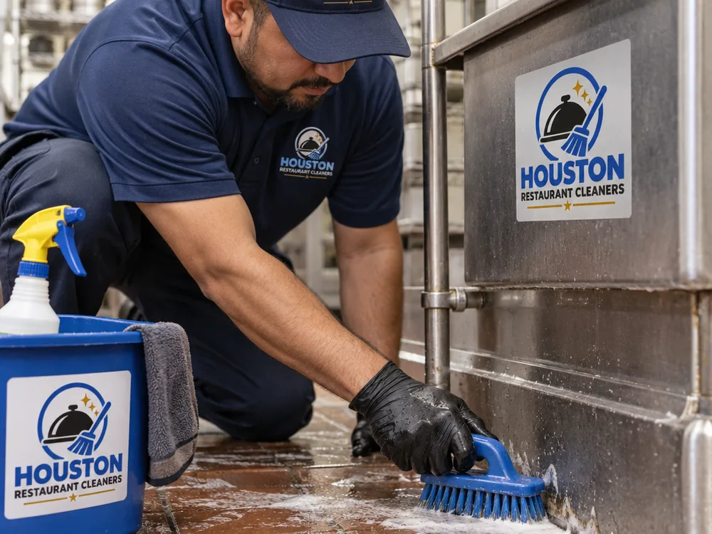 Hands scrubbing a commercial kitchen floor edge near a mop sink