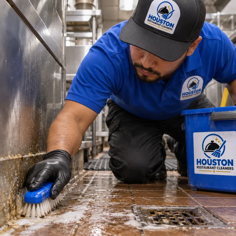 Floor-edge detail cleaning along cove base, corners, and a commercial kitchen floor drain