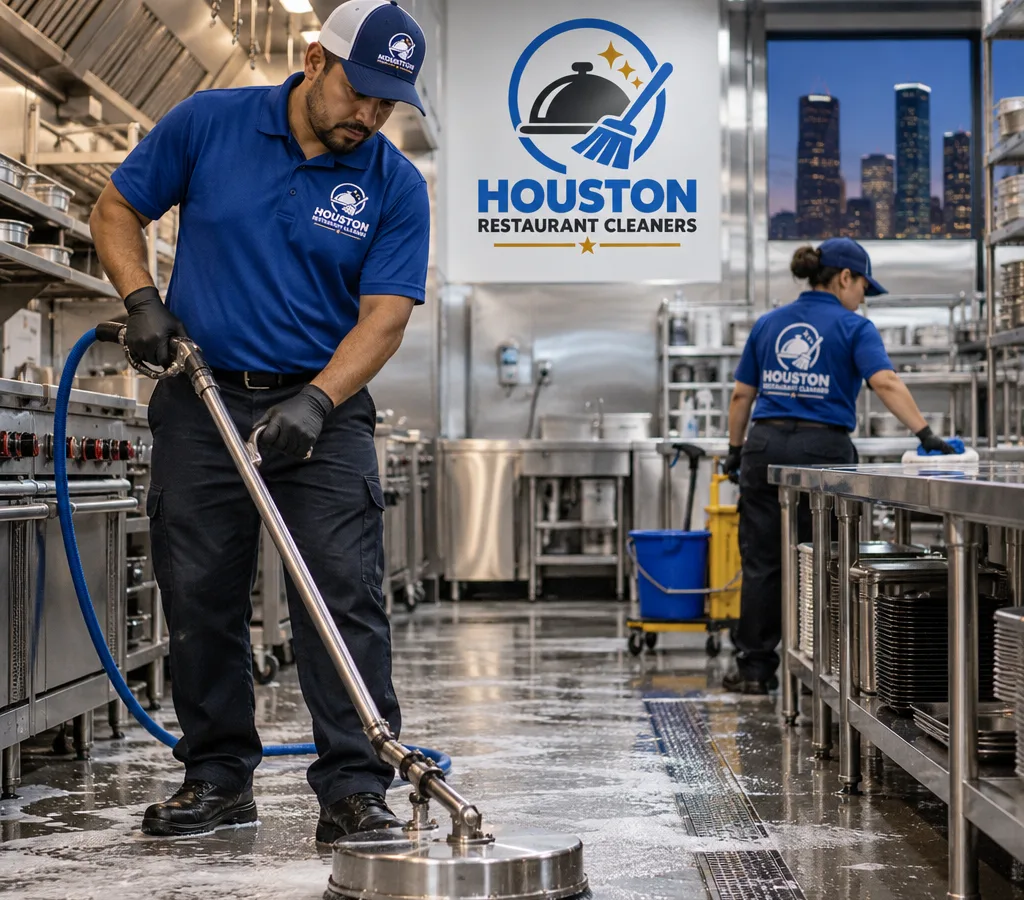 Commercial restaurant kitchen being professionally cleaned during off-hours