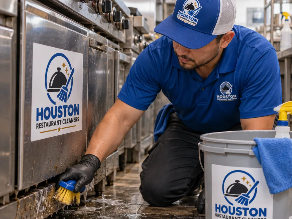 Technician detailing stainless surfaces and buildup at the base of a commercial cooking line