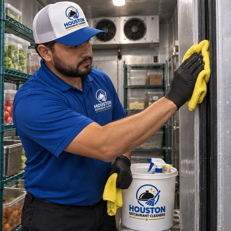 Technician cleaning wall panels and the door gasket inside a partially cleared walk-in cooler