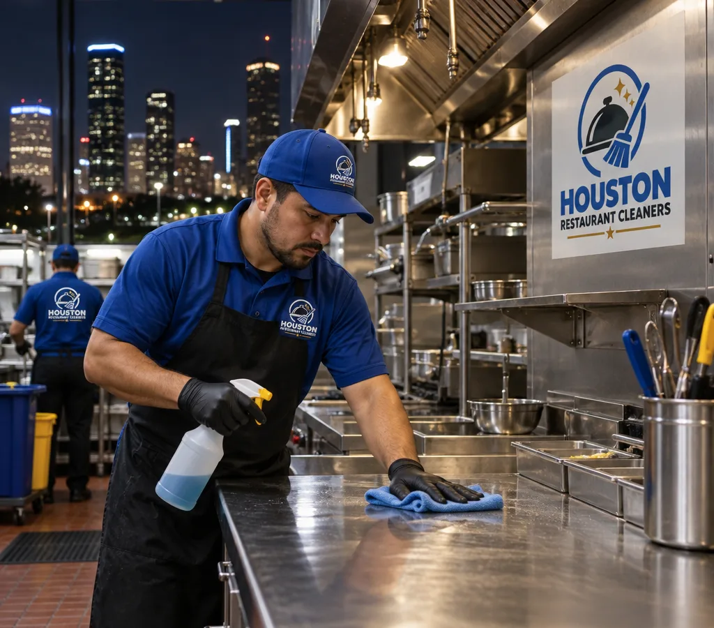 Cleaning technician wiping stainless preparation surfaces in a commercial Houston kitchen at night