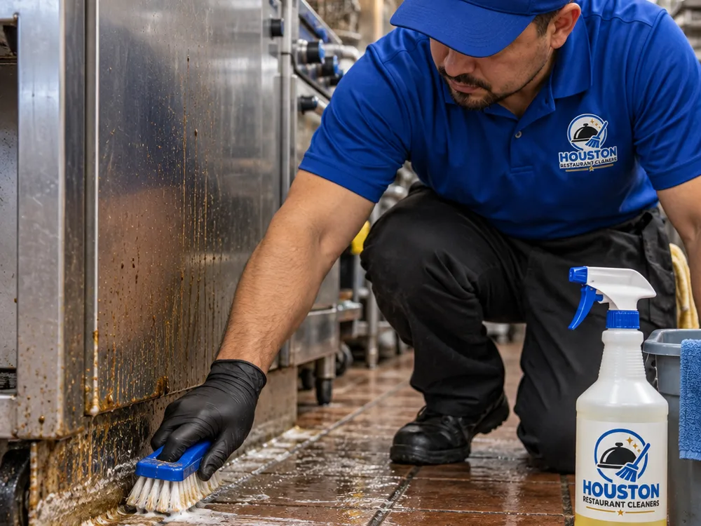 Cleaner hand-detailing greasy cove base and tile floor edging behind a commercial cook line