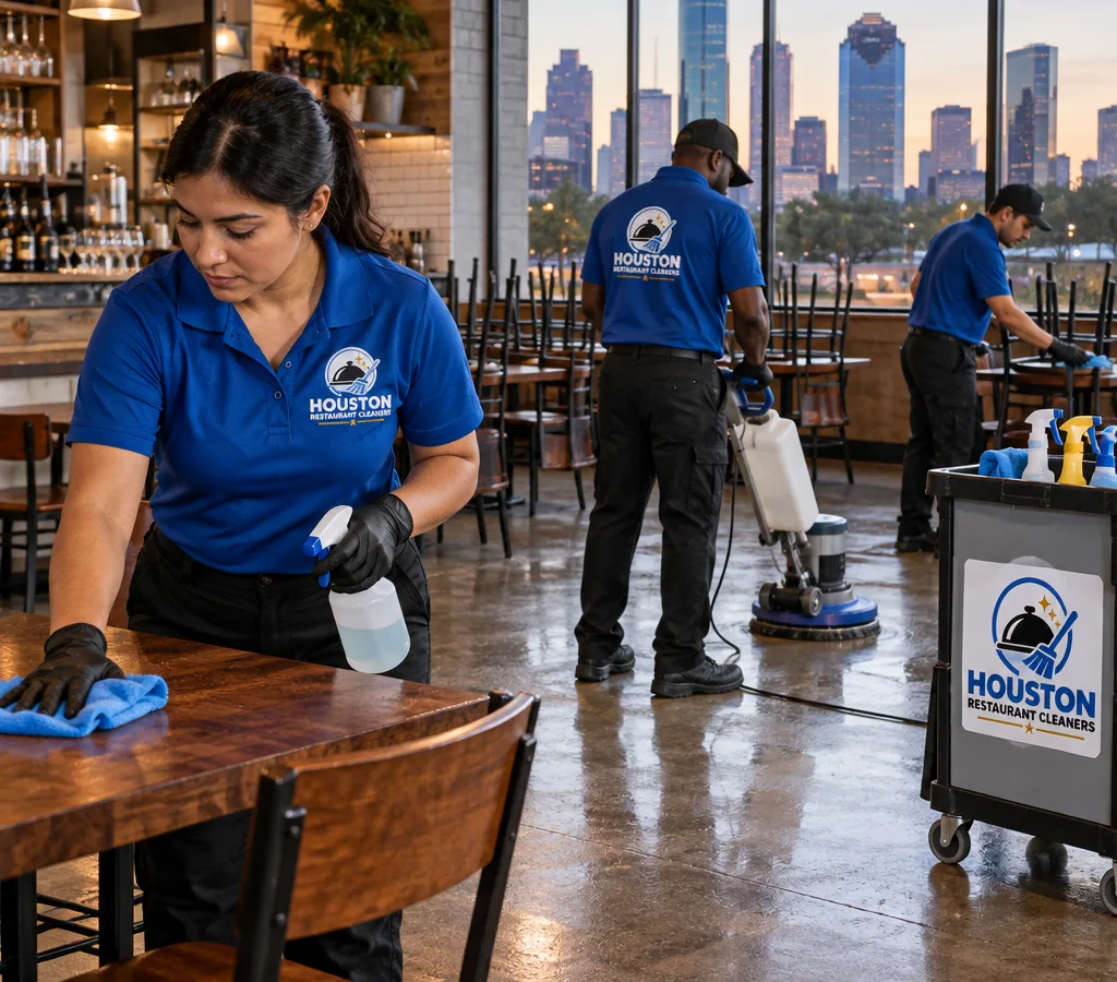 After-hours restaurant team cleaning a Houston dining room, wiping tables and chairs, sanitizing touchpoints, and preparing floors for opening