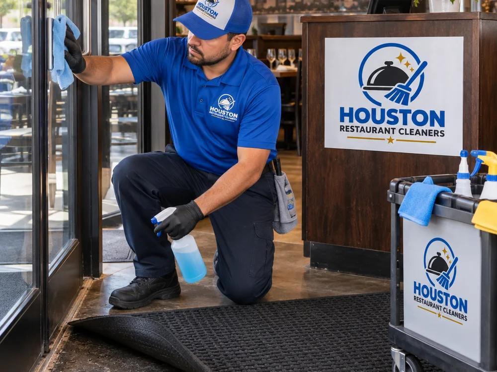 Cleaner detailing a restaurant entry and host stand area, disinfecting touchpoints and cleaning glass doors while floor mats are lifted for edge cleaning