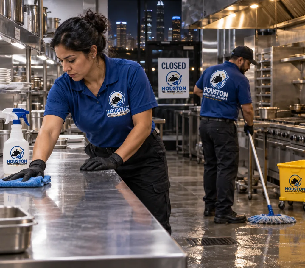 Night cleaning crew wiping stainless prep tables and mopping a closed commercial restaurant kitchen
