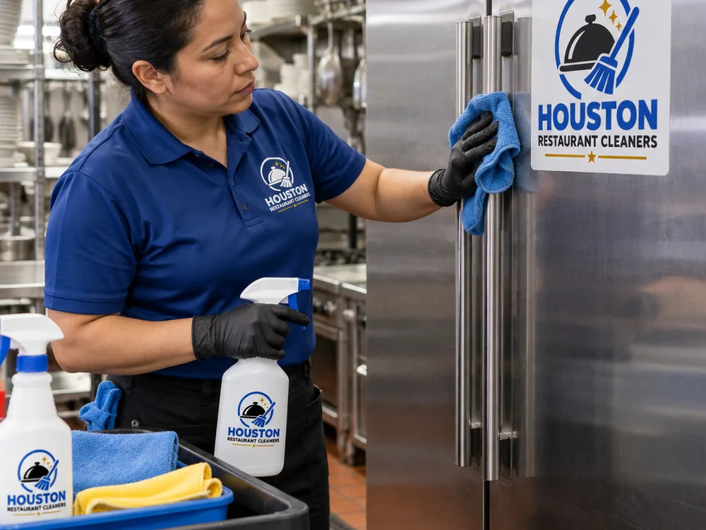 Cleaner detailing stainless refrigerator doors and handles with microfiber cloths in a restaurant kitchen