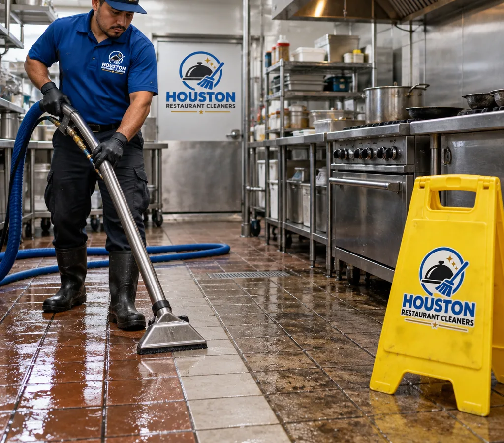 Technician pressure washing and extracting a greasy commercial kitchen tile floor with visible clean path lines and wet floor signage