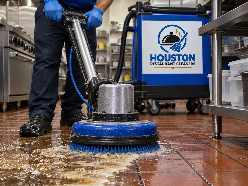 Rotary scrubber lifting emulsified grease from quarry tile and grout lines