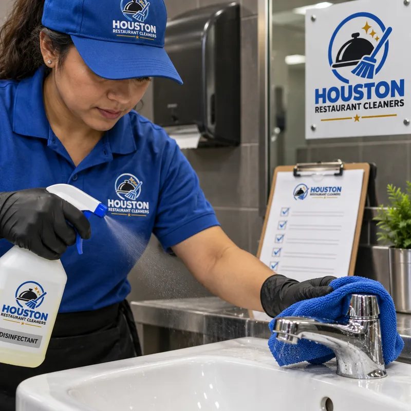 Cleaner disinfecting a commercial restroom sink and faucet with a labeled disinfectant and color-coded microfiber cloth