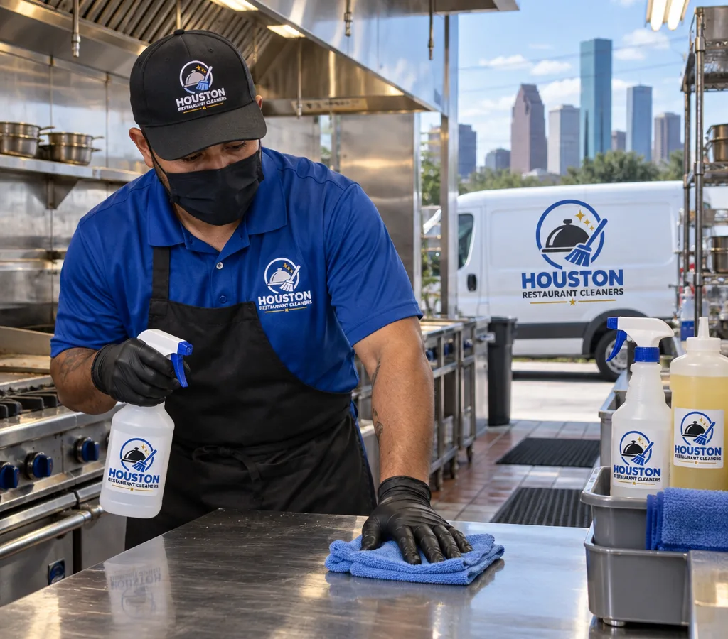 Restaurant cleaner in PPE wiping a stainless prep table and cookline surfaces with labeled food-safe chemicals and microfiber cloths