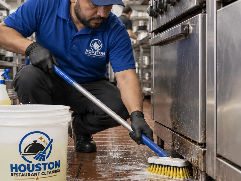 Technician detailing a commercial kitchen floor edge near the cookline with a deck brush and degreaser