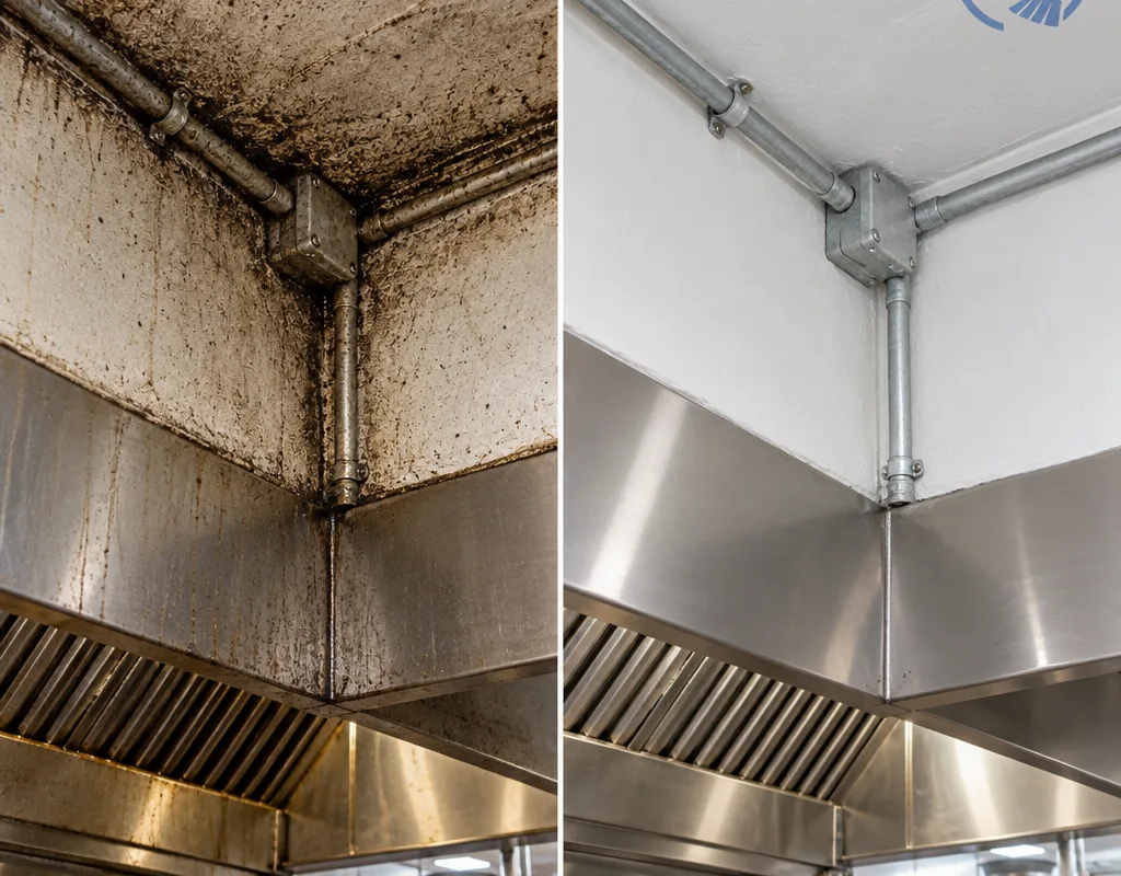 Before and after view of a commercial kitchen ceiling corner and conduit with dark dusty buildup removed