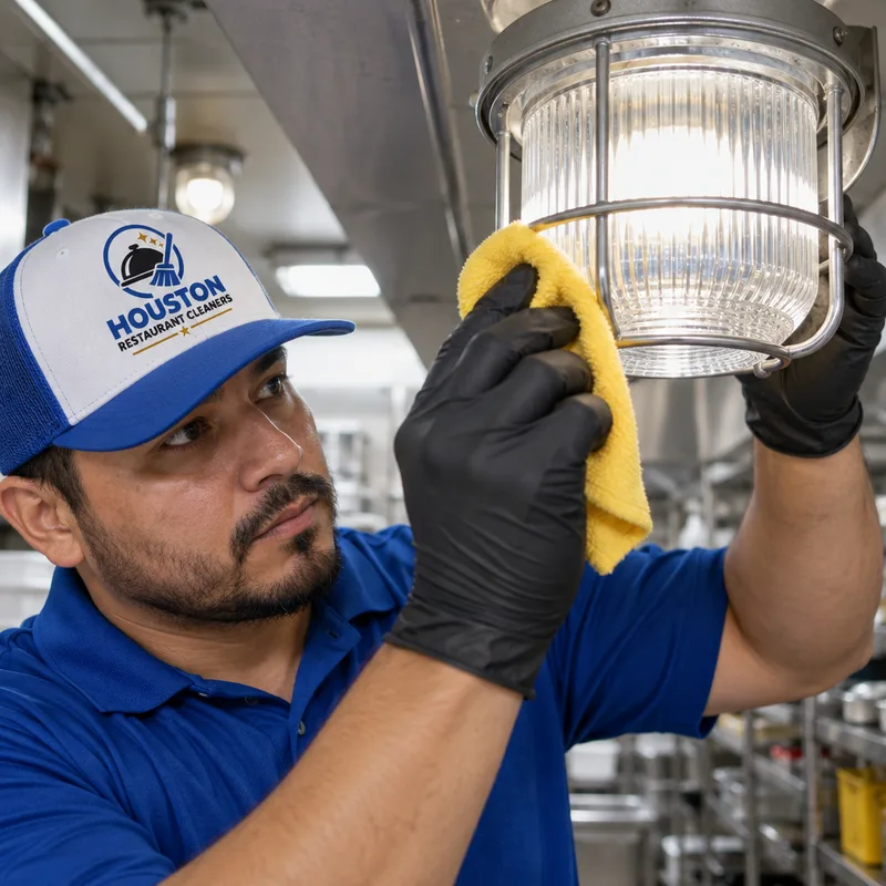 Cleaned back-of-house light fixture lens and housing without haze or grease film