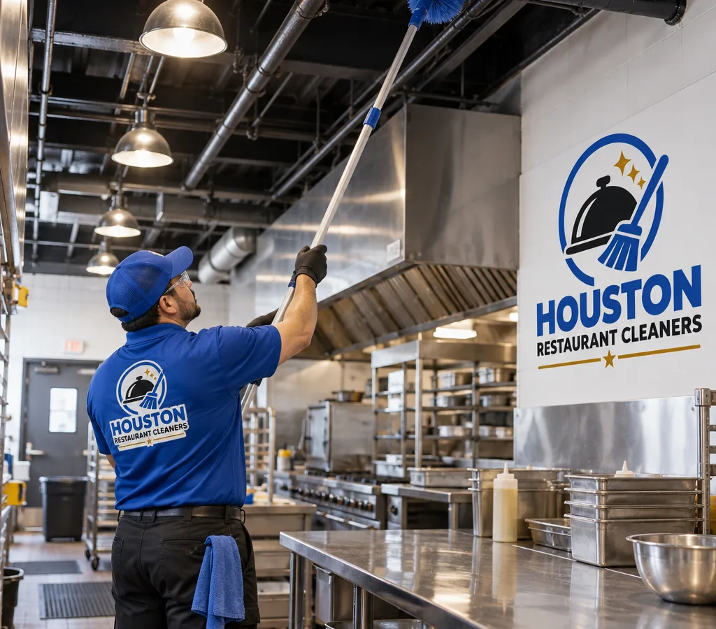 Technician using an extension pole to clean ceiling beams and overhead piping above stainless prep lines in a commercial kitchen