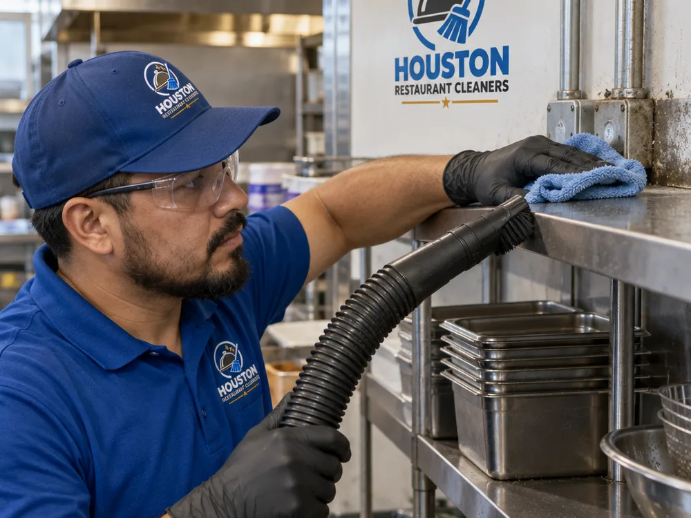 Hands removing greasy dust from a stainless wall shelf and conduit while a vacuum captures loosened debris