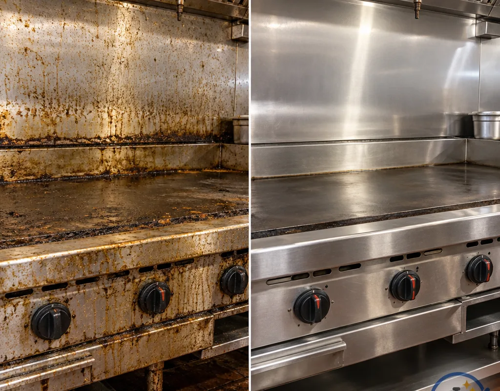 Before-and-after view of a commercial cook line front panel and stainless backsplash after degreasing