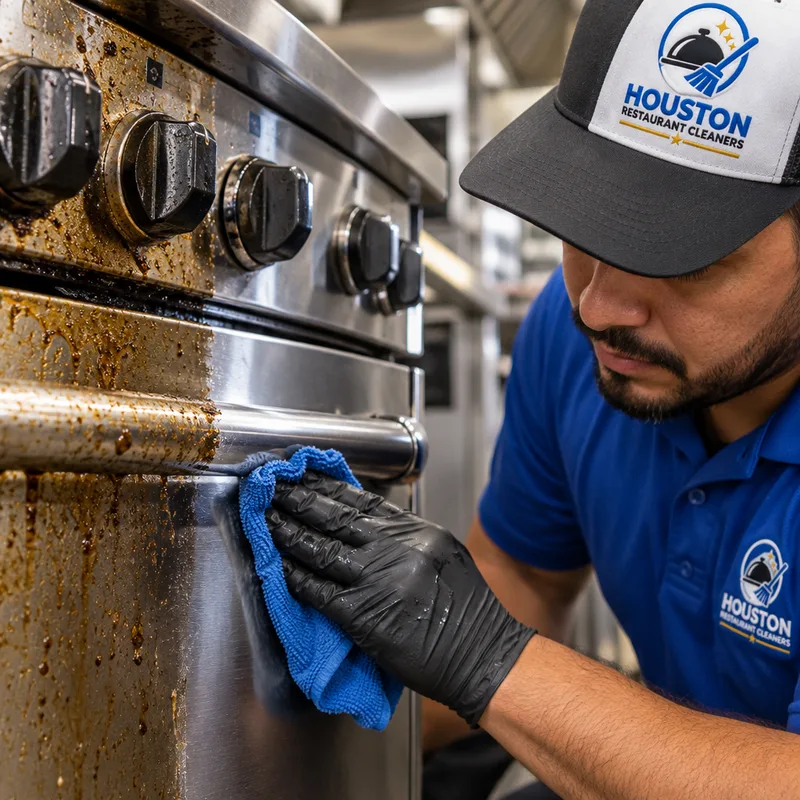 Technician cleaning greasy stainless steel around a range front and oven door handle