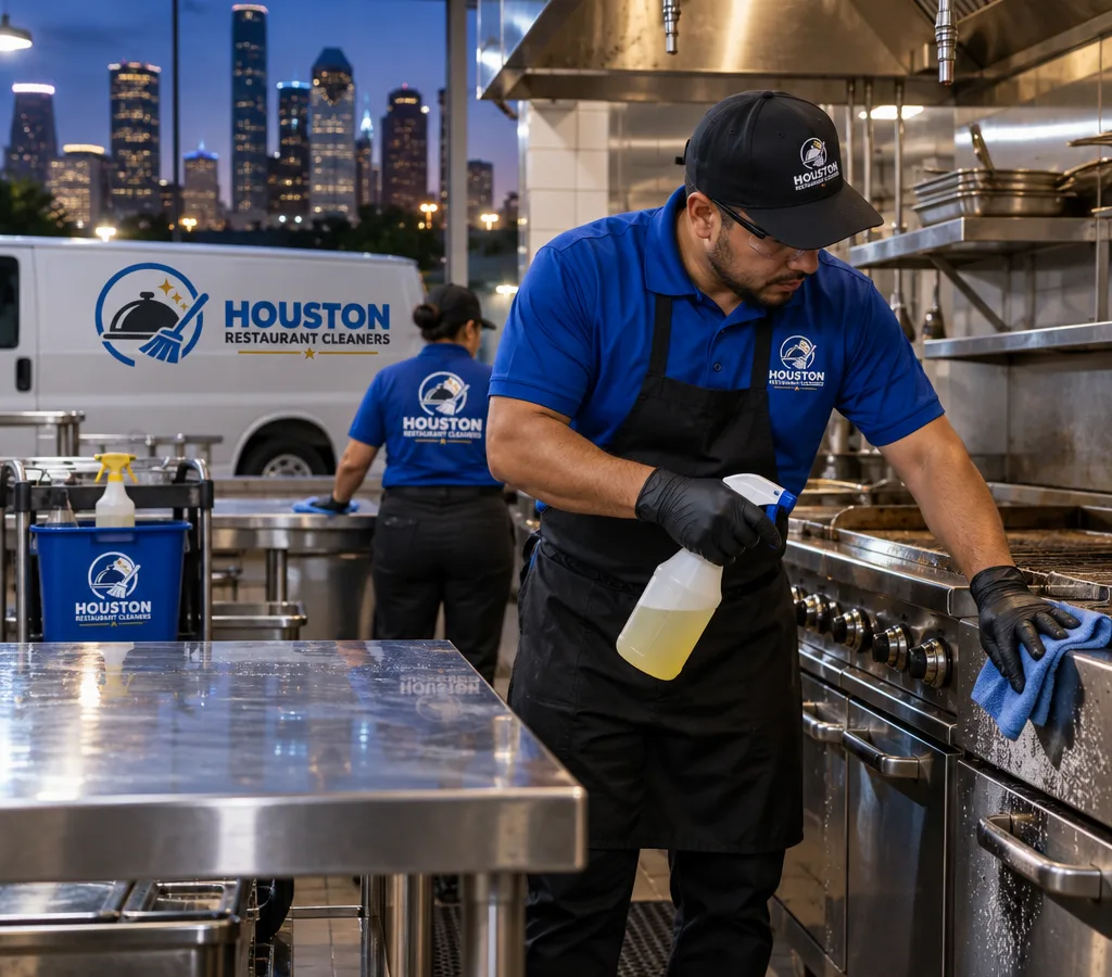 Professional cleaner wiping stainless prep tables and a commercial cook line in a restaurant kitchen after hours