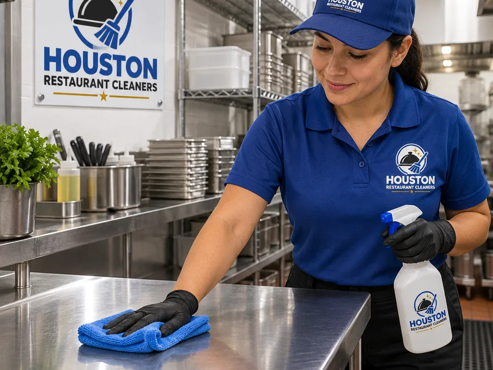 Cleaned restaurant prep area with stainless tables, shelving, and sanitized touchpoints