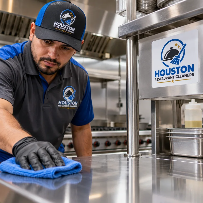 Stainless steel commercial kitchen surfaces after detailed degreasing