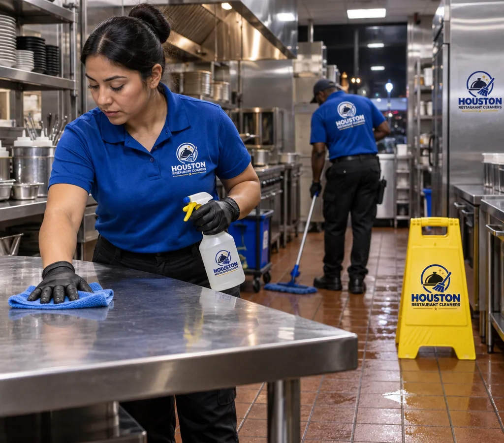 Night cleaning crew detailing stainless prep tables and floors in a commercial restaurant kitchen