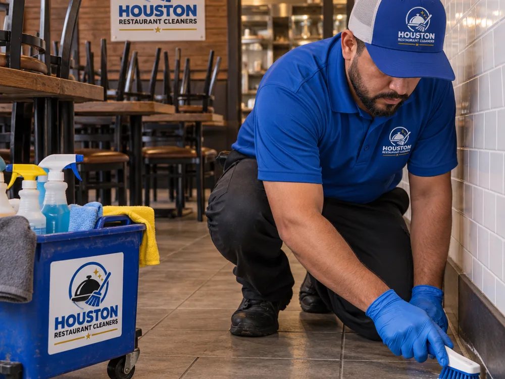 Technician detailing tile grout and baseboards in a restaurant dining area after close