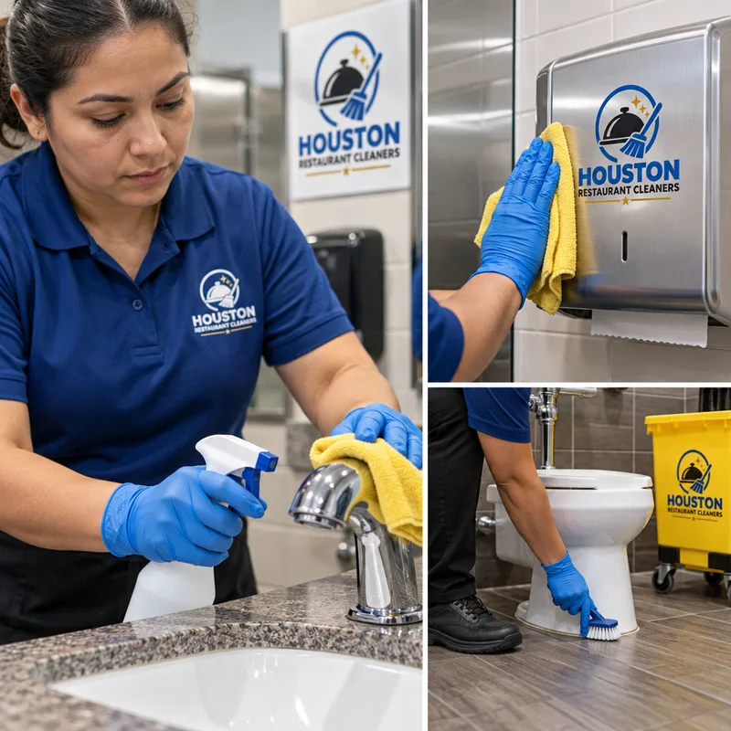 Cleaner disinfecting a restaurant restroom sink, touchpoints, and floor edges