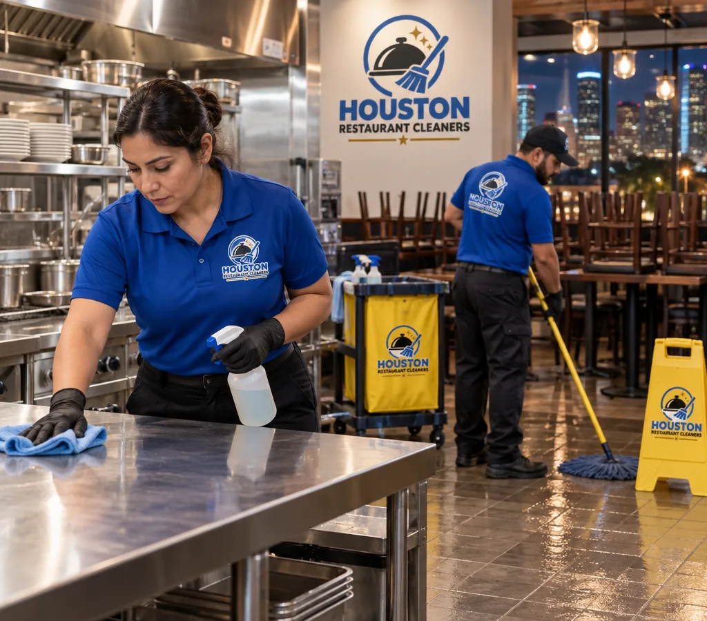 After-hours commercial cleaning in a Sugar Land restaurant kitchen and dining area
