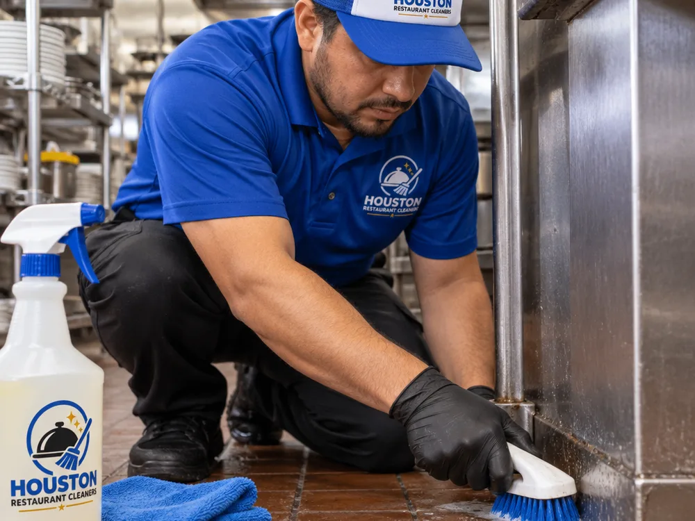 Cleaner detailing a restaurant kitchen floor edge and baseboard near a prep table