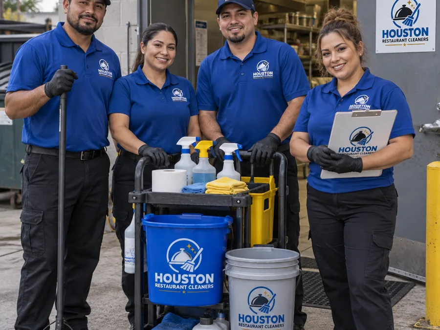 Cleaning crew staging labeled supplies outside a restaurant back door