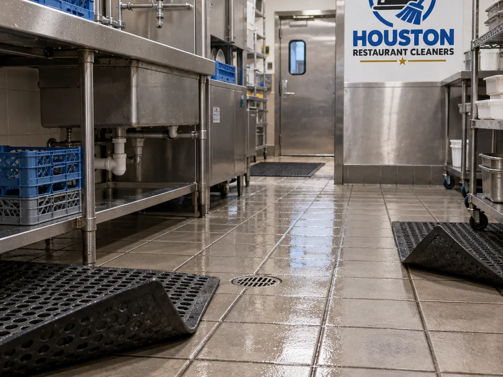 Degreased back-of-house walkway and dish area floor with detailed corners and edges